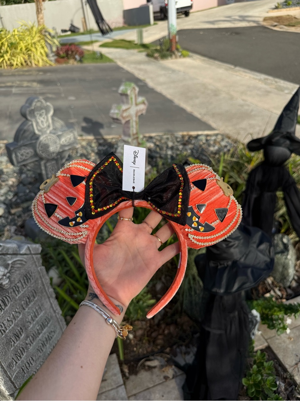 BaubleBar Orange & Black Pumpkin Ear Headband with Beaded Bow